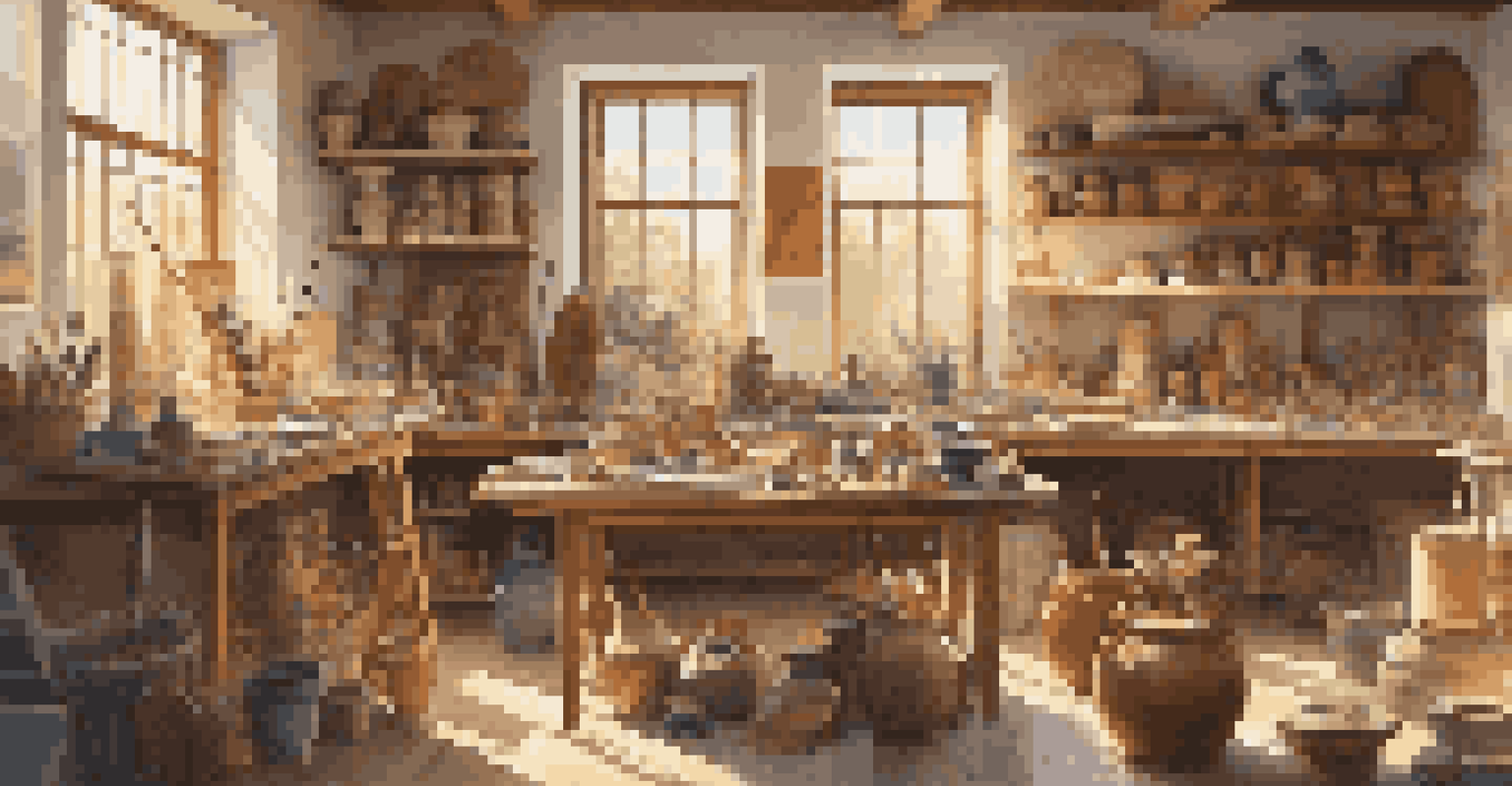 An artist's studio filled with pottery, weaving tools, and paintings, warmly lit by sunlight streaming through large windows.