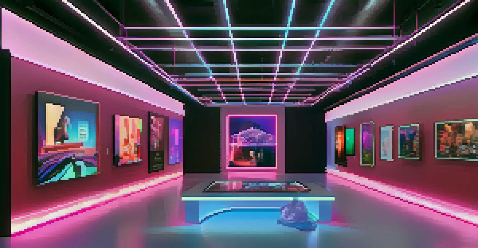 A modern virtual reality art gallery with neon lights, showcasing interactive feminist art pieces and diverse visitors engaging with the installations.