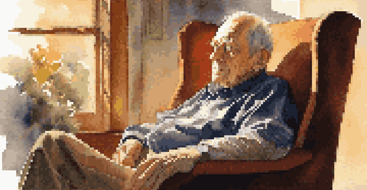 A thoughtful portrait of an elderly man in a cozy armchair, illuminated by the warm glow of the setting sun, gazing out of a window.