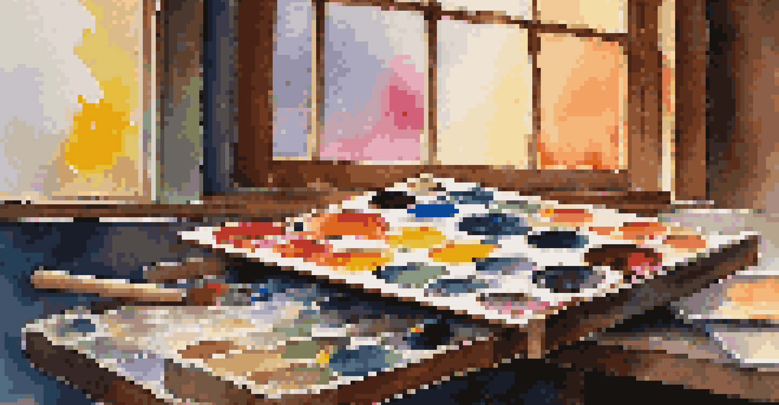 A close-up view of a painter's palette with vibrant colors in an artist's studio, illuminated by sunlight streaming through a window.