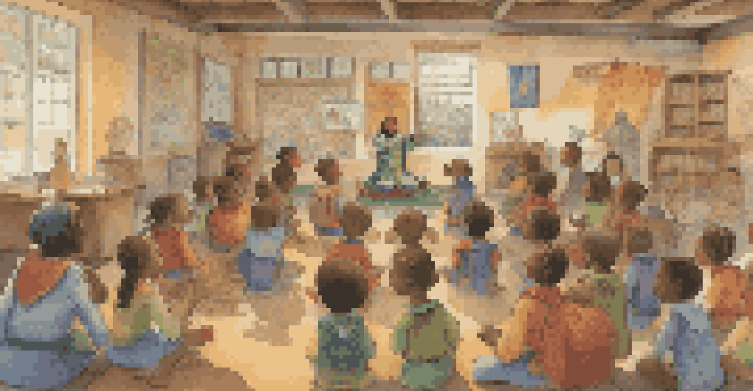 Children dressed as folk heroes in a classroom, listening to a teacher reading from illustrated folklore books, with colorful artwork on the walls.