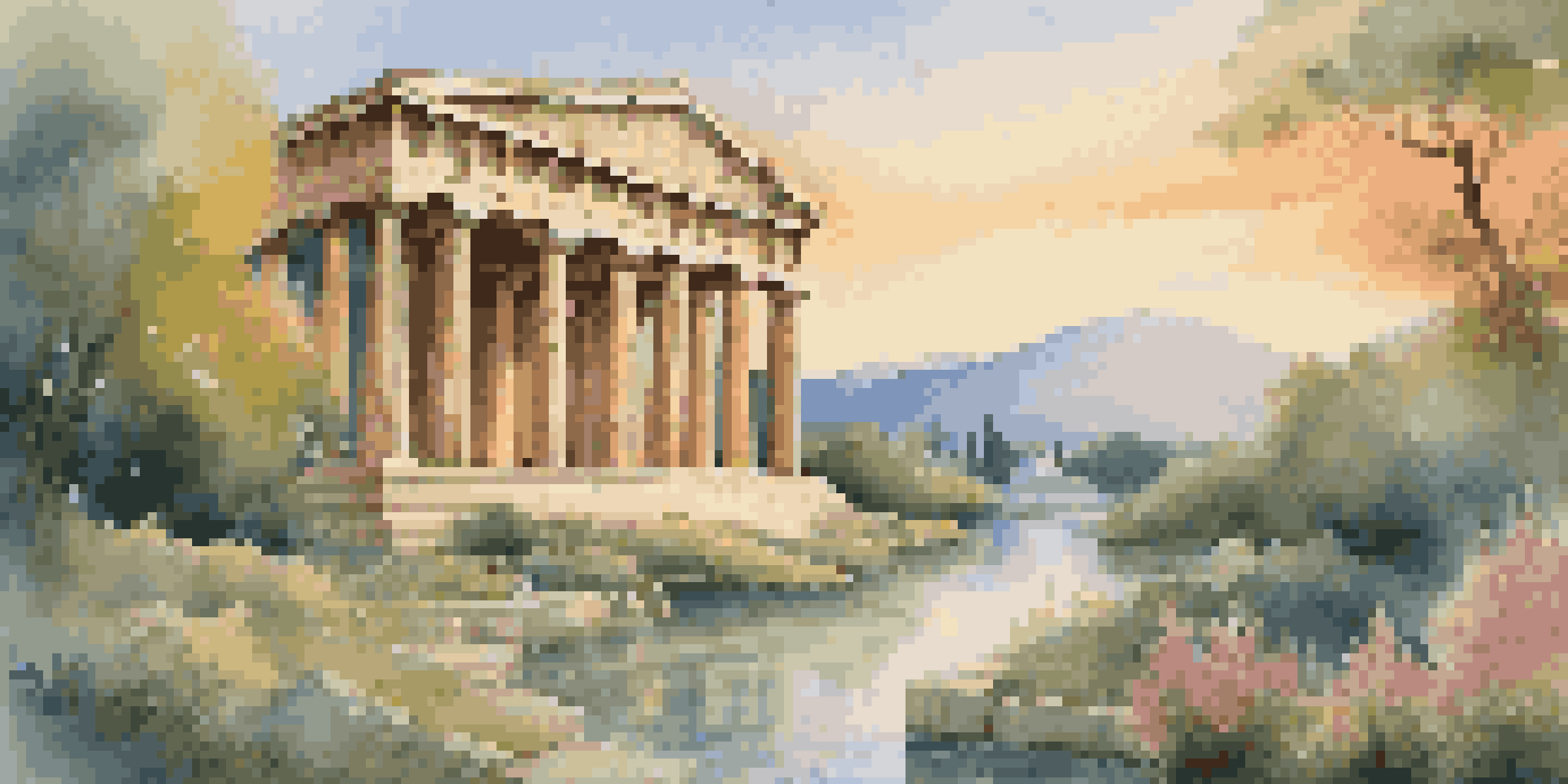 A beautiful ancient Greek temple set in a lush landscape with golden sunlight, a flowing stream, and distant mountains at sunset.