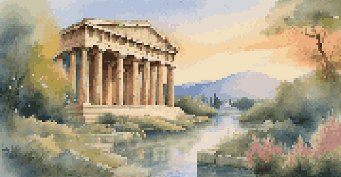 A beautiful ancient Greek temple set in a lush landscape with golden sunlight, a flowing stream, and distant mountains at sunset.