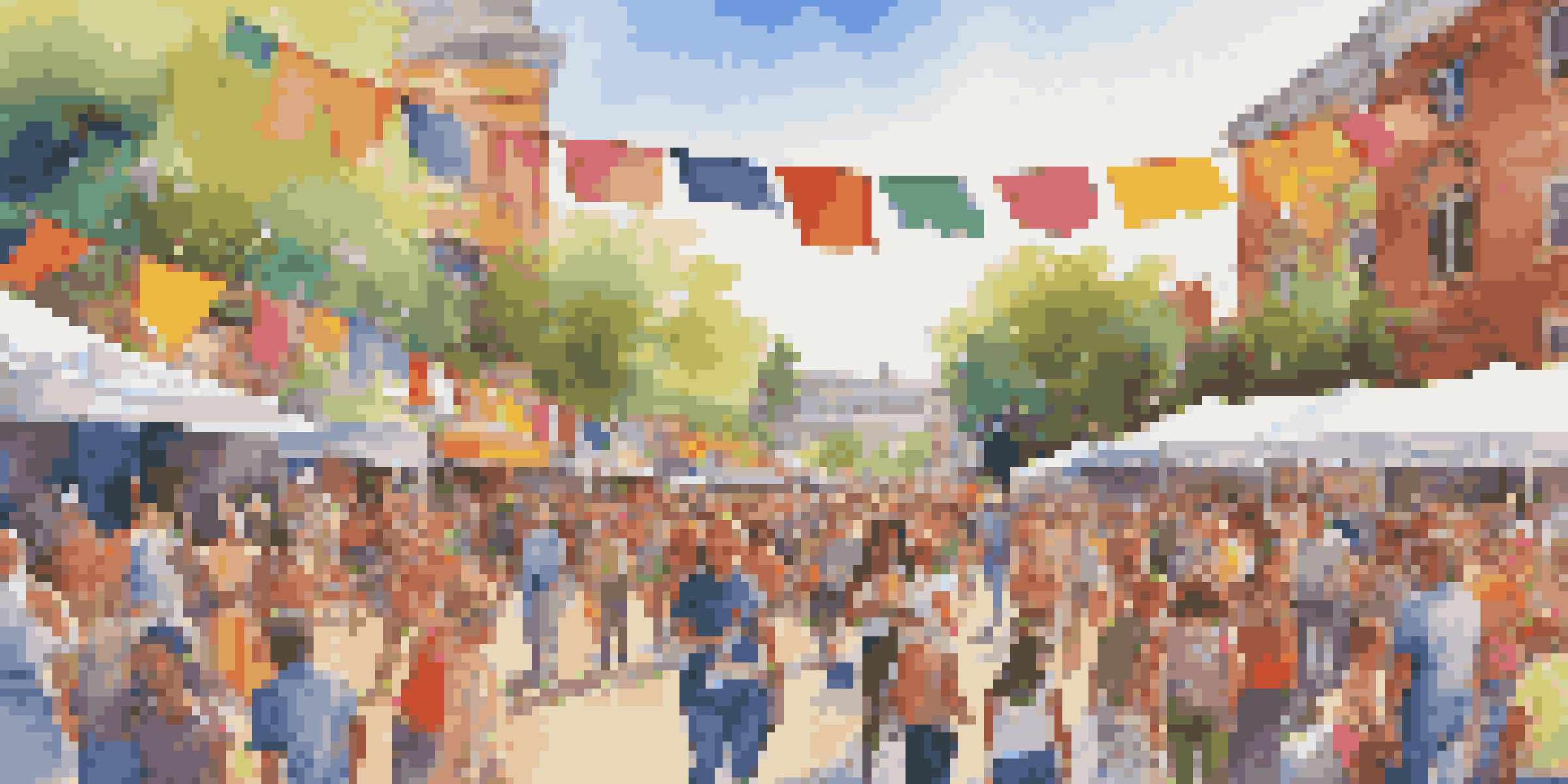 A lively community art festival with artists painting murals and spectators enjoying the event under bright sunlight.