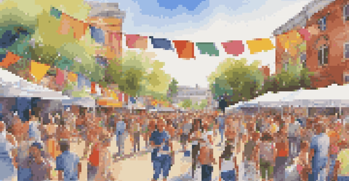 A lively community art festival with artists painting murals and spectators enjoying the event under bright sunlight.