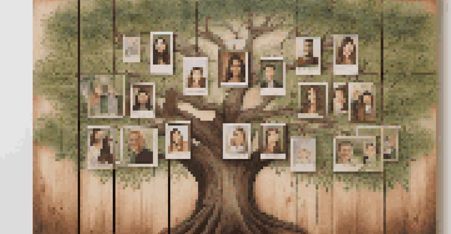 An intricately illustrated family tree artwork on a rustic wooden wall, featuring painted portraits of family members across generations.