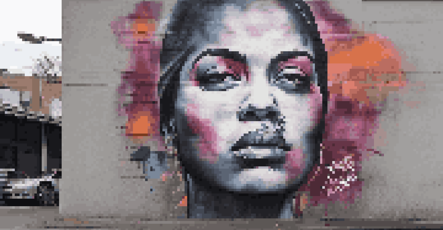 A striking street art installation of a large expressive face with graffiti text 'Change is Possible' set against a gray urban backdrop.