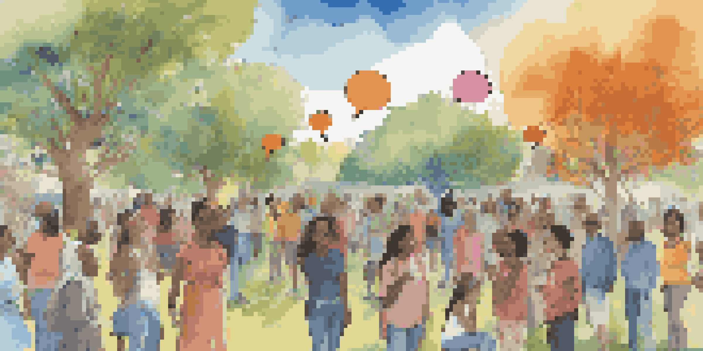 A colorful mural showing diverse individuals sharing stories in a park, with speech bubbles above them.
