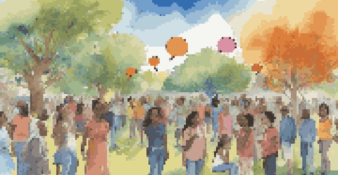 A colorful mural showing diverse individuals sharing stories in a park, with speech bubbles above them.