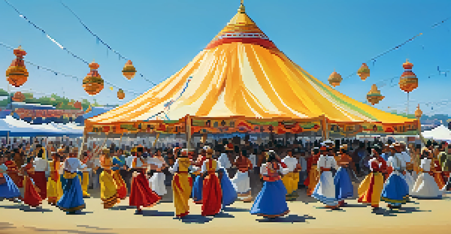 A lively cultural festival with dancers in traditional costumes performing on stage, surrounded by colorful tents and a diverse crowd.