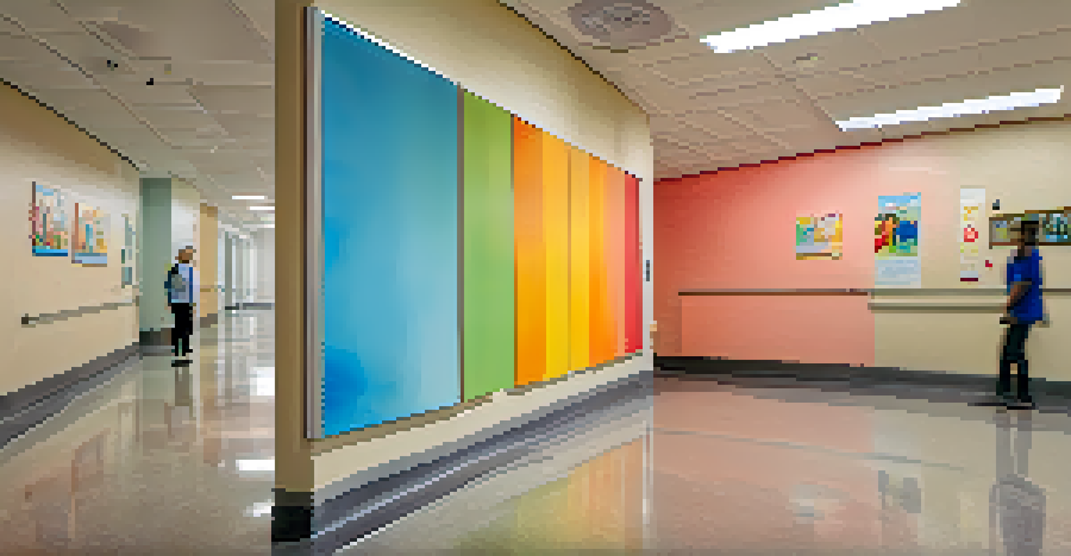 An interactive art installation in a hospital corridor with colorful panels and diverse patients contributing their artwork.