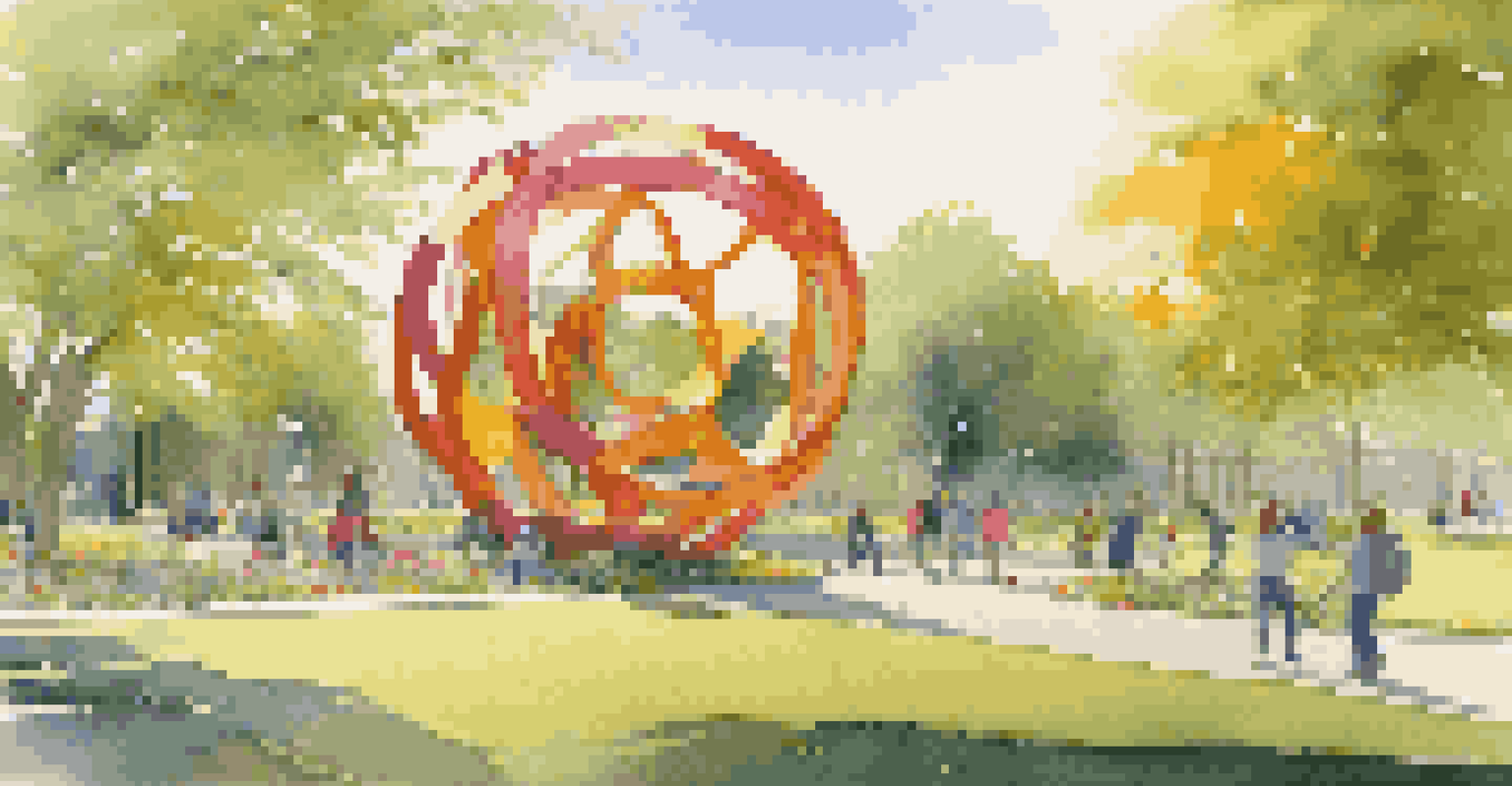 A colorful outdoor sculpture made of recycled materials in a park, with families enjoying the sunny day.