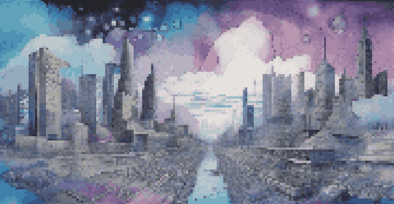 An abstract collage illustrating digital art preservation with digital files, cloud storage icons, and a futuristic city skyline.