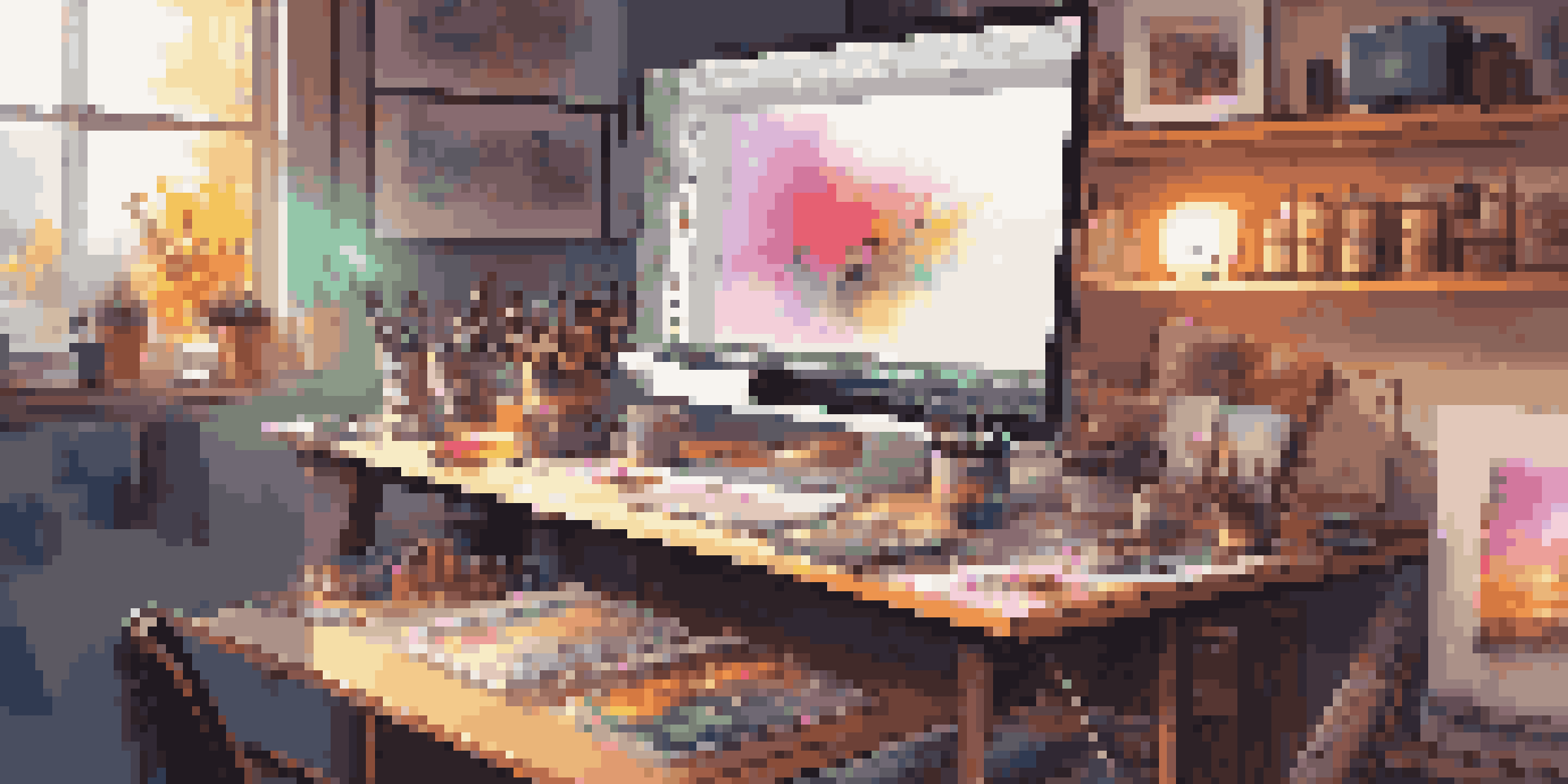 A lively digital art studio with a computer showing a colorful painting in progress and various artistic tools around.