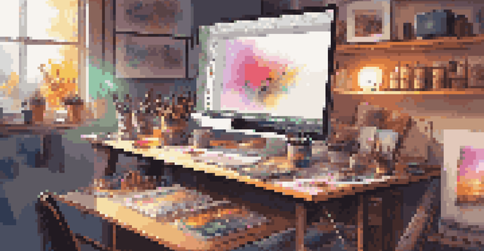 A lively digital art studio with a computer showing a colorful painting in progress and various artistic tools around.