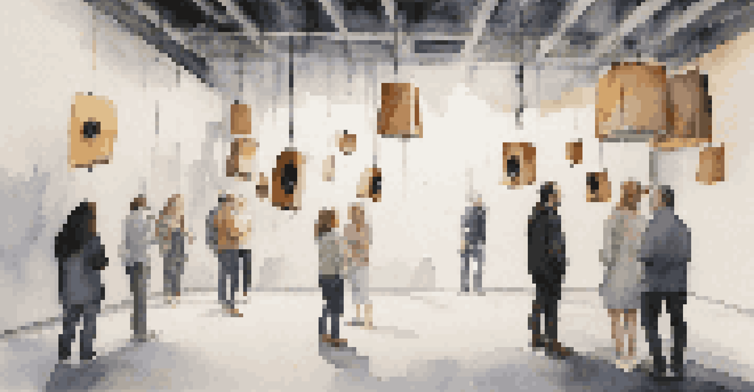 An immersive sound installation with hanging speakers creating a blend of natural and urban sounds, visitors exploring the space.