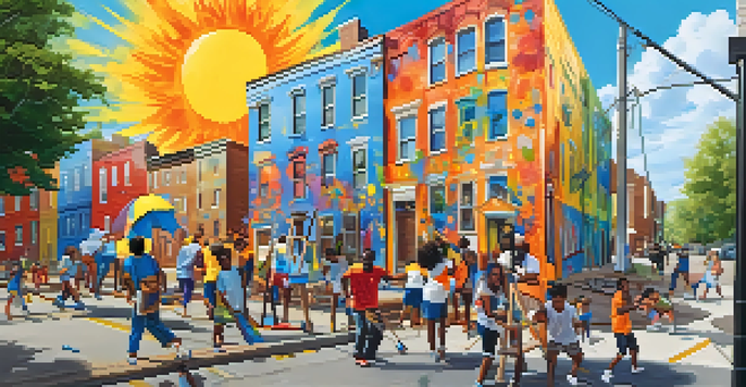 A group of diverse artists collaborating on a colorful mural in a sunny neighborhood, with paint splatters and tools around them.