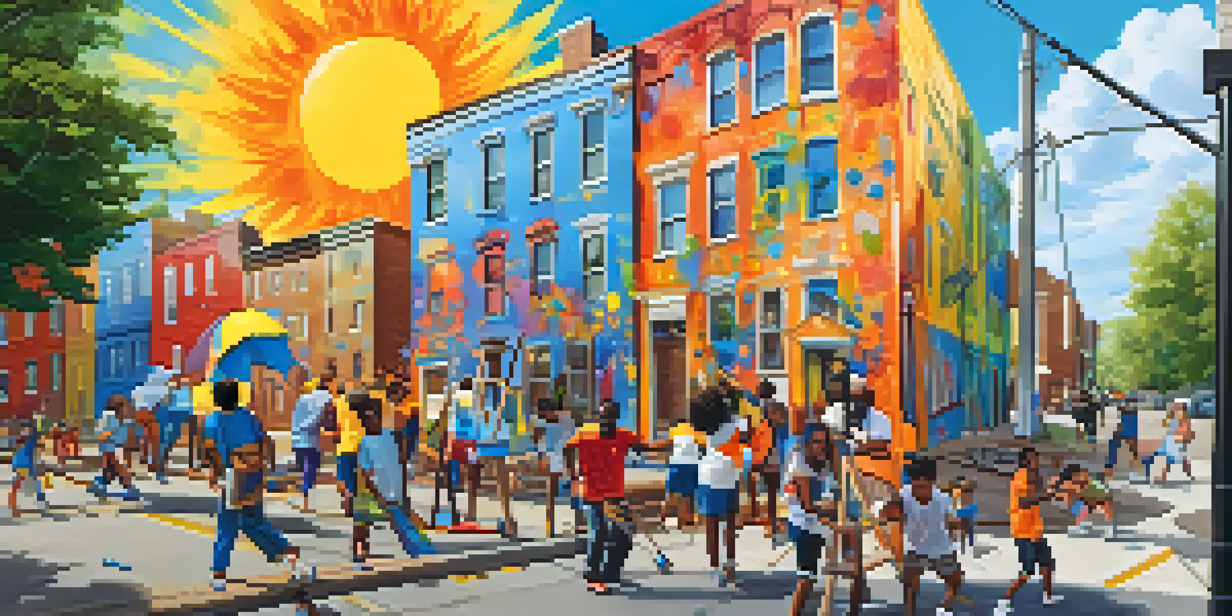 A group of diverse artists collaborating on a colorful mural in a sunny neighborhood, with paint splatters and tools around them.