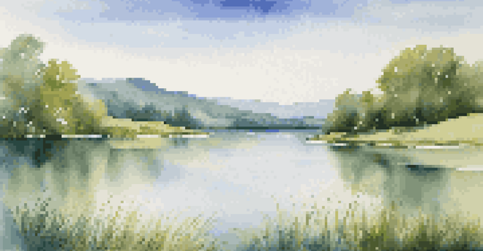 A calm lake with green hills and a clear blue sky, reflecting nature's colors.