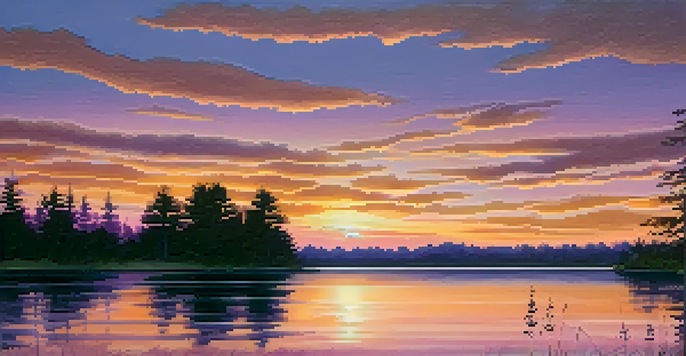 A peaceful sunset over a calm lake, with golden reflections and silhouetted trees.