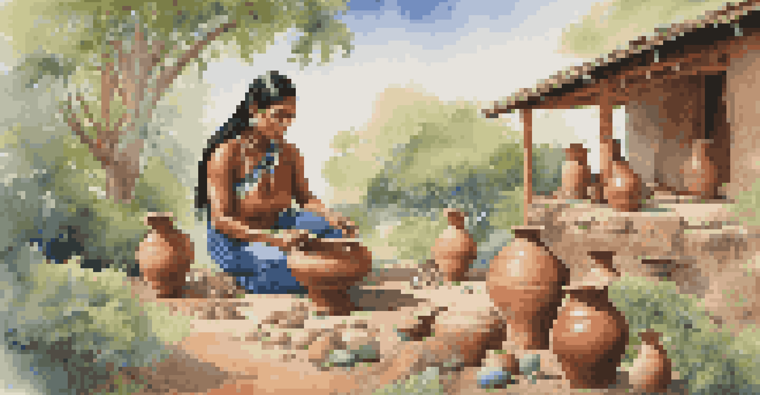 An indigenous artist creating traditional pottery outdoors, surrounded by nature and displaying intricate designs.