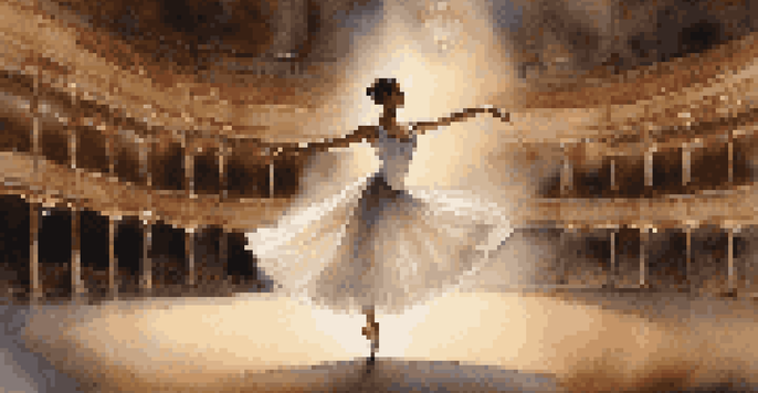 A graceful ballet dancer performing a pirouette on stage, wearing a white tutu and an elegant bun, in a softly lit theater.
