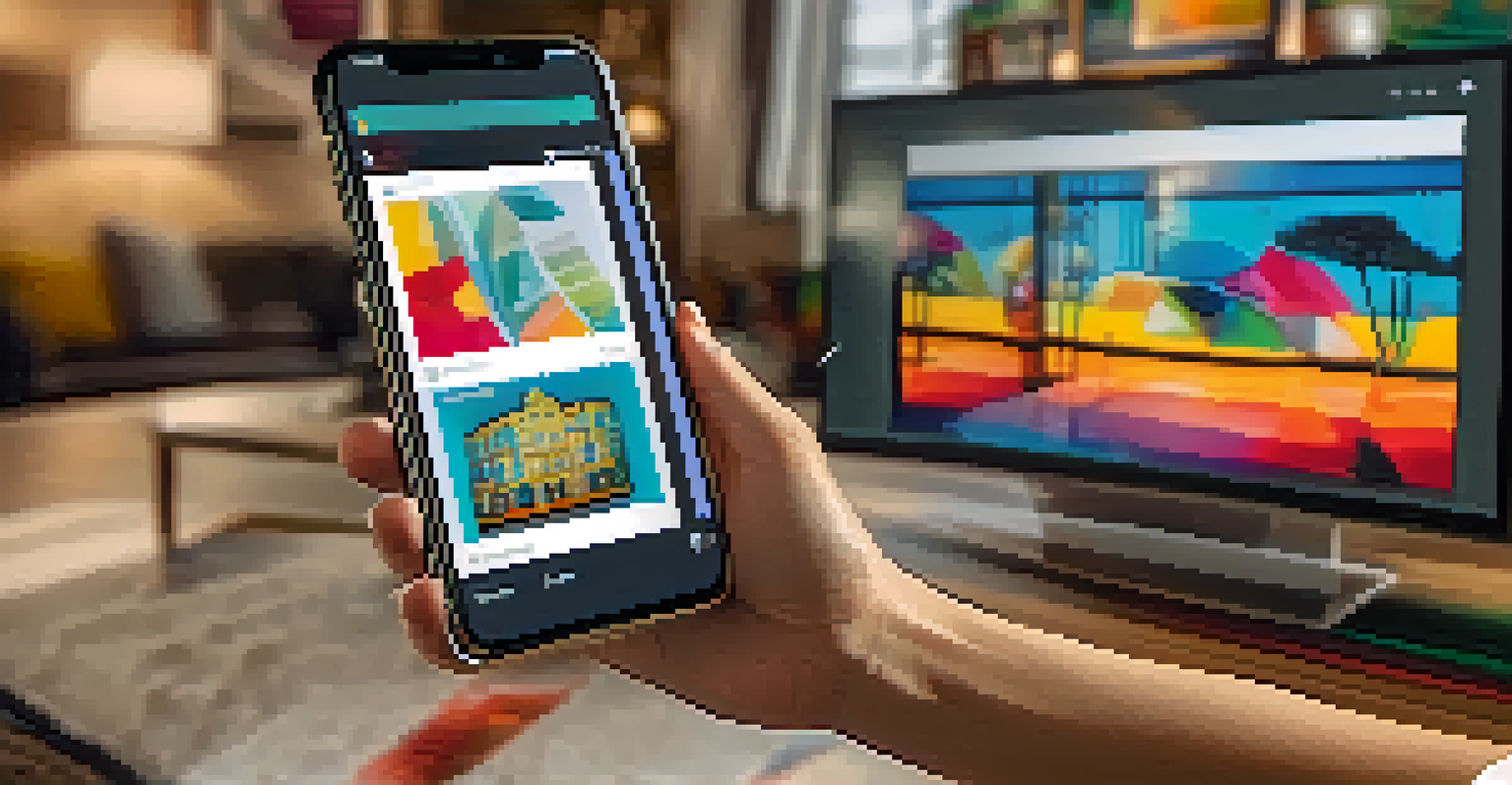 A close-up of a hand holding a smartphone browsing an online art auction, with colorful artworks displayed on the screen.