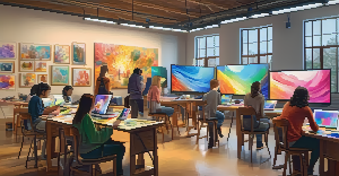 A diverse group of students participating in a virtual art class, with art supplies and a tutorial displayed on a screen.