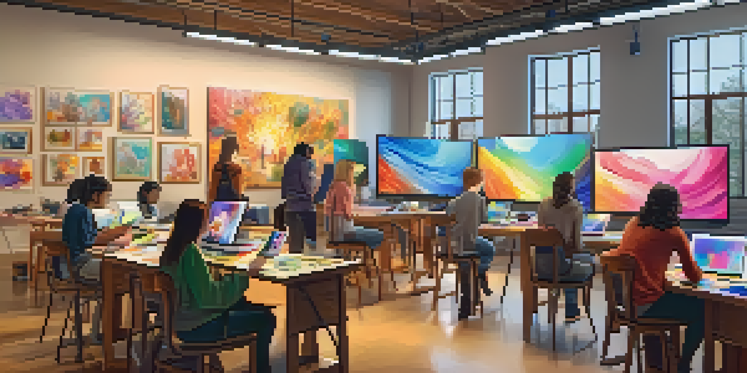 A diverse group of students participating in a virtual art class, with art supplies and a tutorial displayed on a screen.
