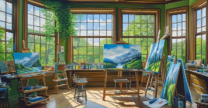 An artist's studio with sunlight, canvases, and a partially completed landscape painting of a forest.
