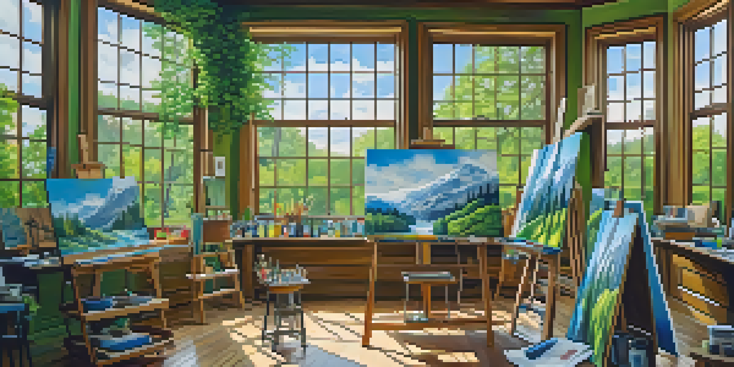An artist's studio with sunlight, canvases, and a partially completed landscape painting of a forest.