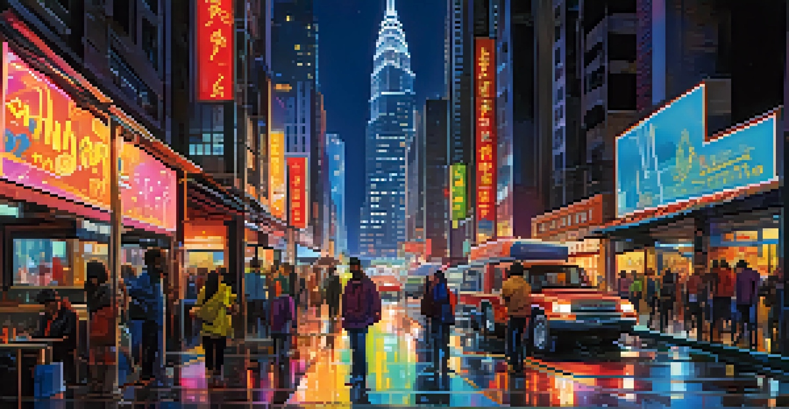 A bustling city street at night, illuminated by neon lights and people walking along the sidewalks.