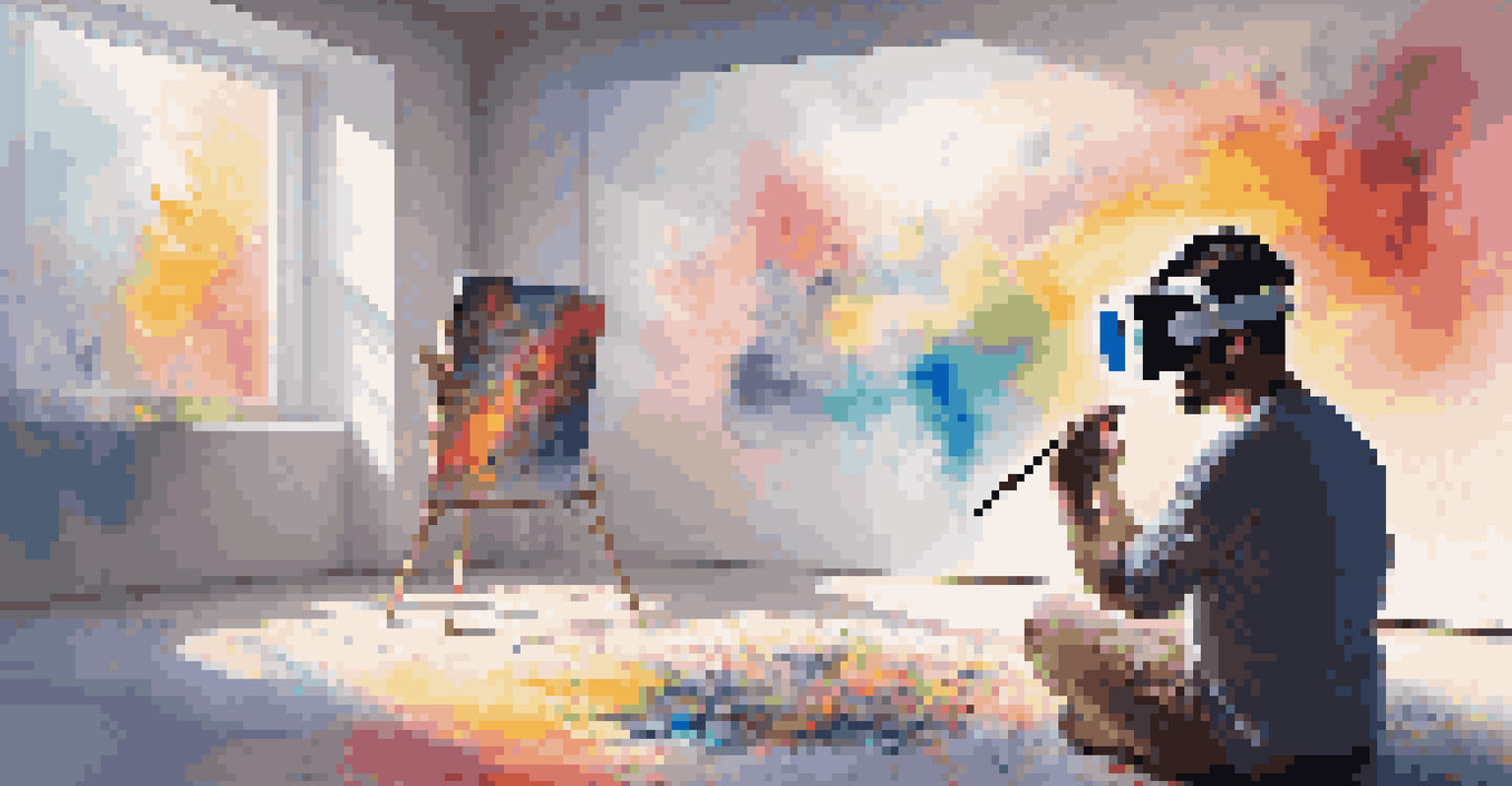 An artist in a virtual reality setting, painting on a 3D canvas with bright colors, surrounded by traditional art supplies.