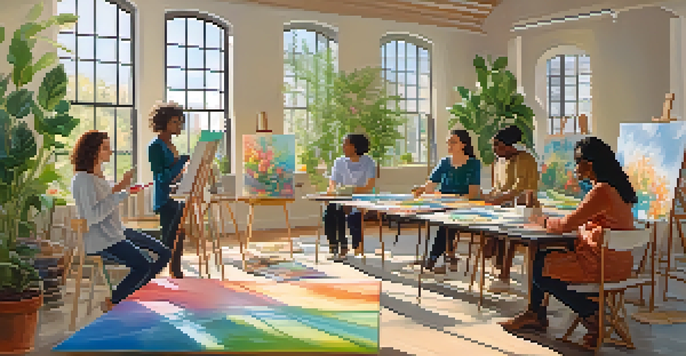 A diverse group of people participating in an art therapy session, painting in a bright, sunlit room filled with plants and colorful canvases.