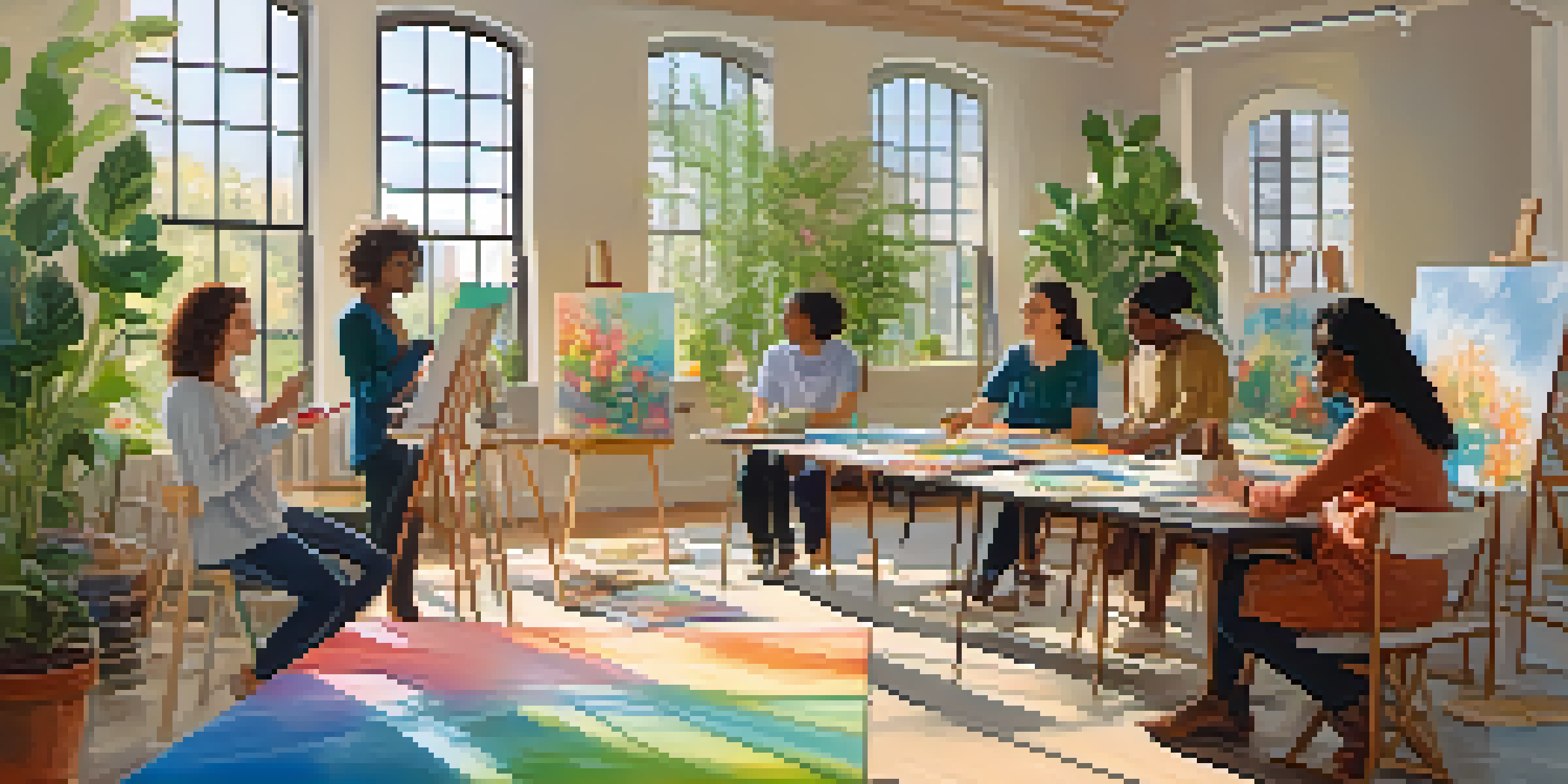 A diverse group of people participating in an art therapy session, painting in a bright, sunlit room filled with plants and colorful canvases.
