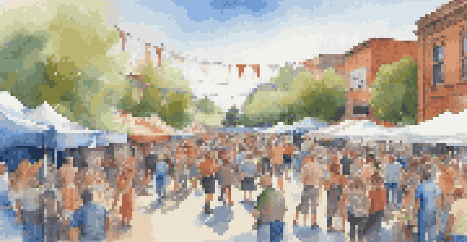 An outdoor festival with artists displaying their work and people enjoying performances, filled with vibrant colors and a festive atmosphere.