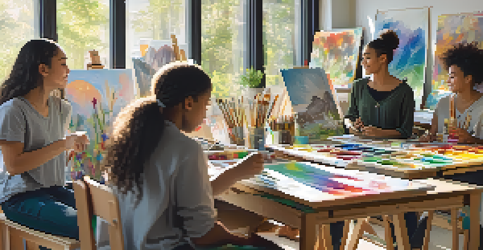 Students of diverse backgrounds engaged in creating nature-inspired artwork in a bright art classroom filled with colorful supplies.