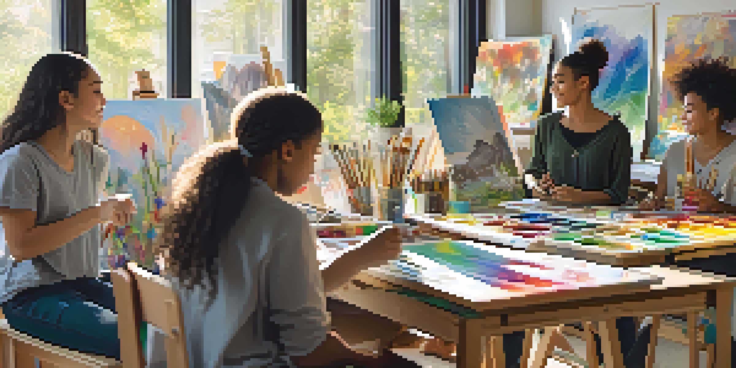 Students of diverse backgrounds engaged in creating nature-inspired artwork in a bright art classroom filled with colorful supplies.