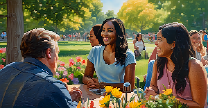 A diverse group of individuals of different body types and ethnicities smiling and talking in a sunny park filled with flowers.