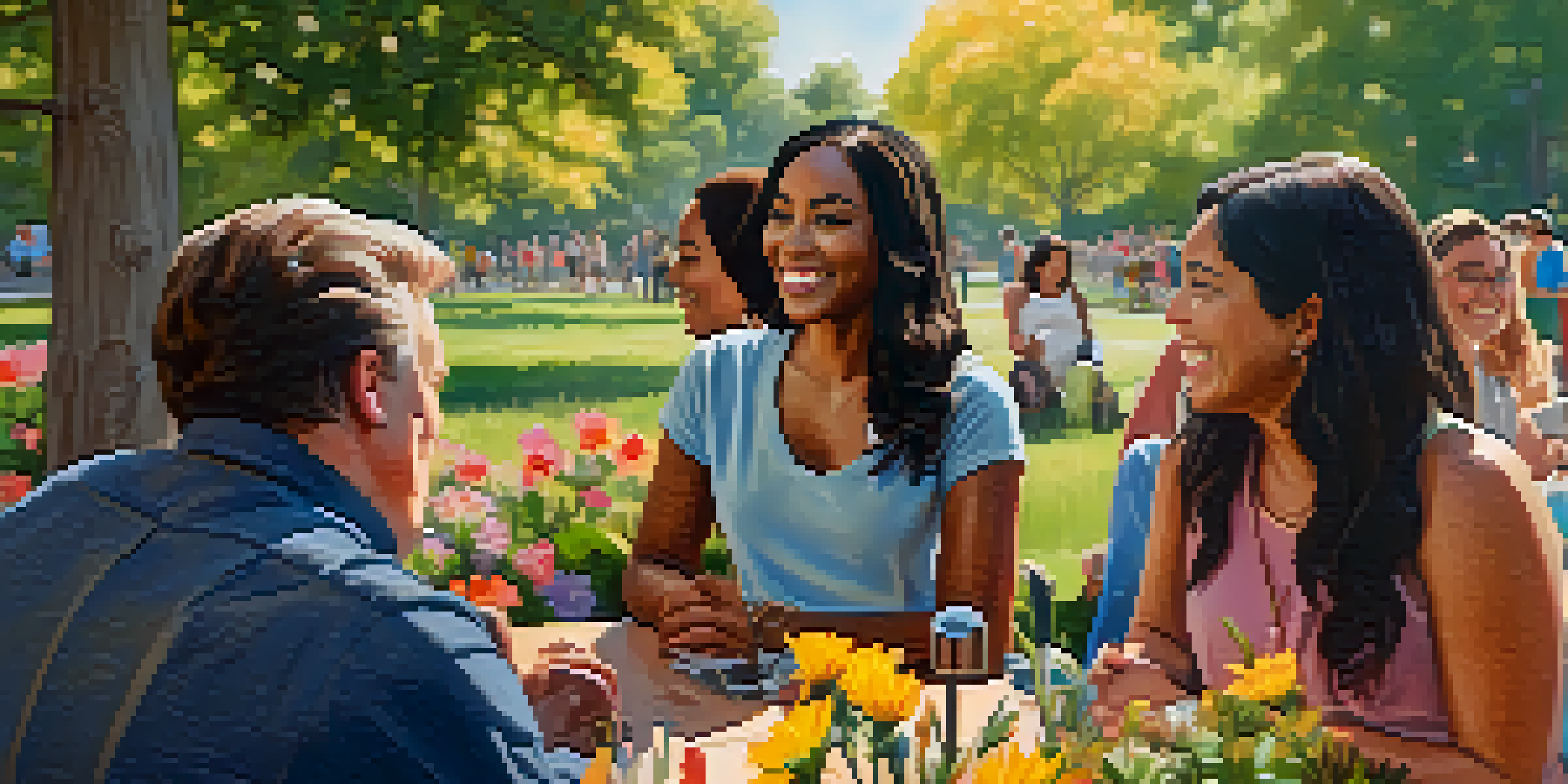 A diverse group of individuals of different body types and ethnicities smiling and talking in a sunny park filled with flowers.