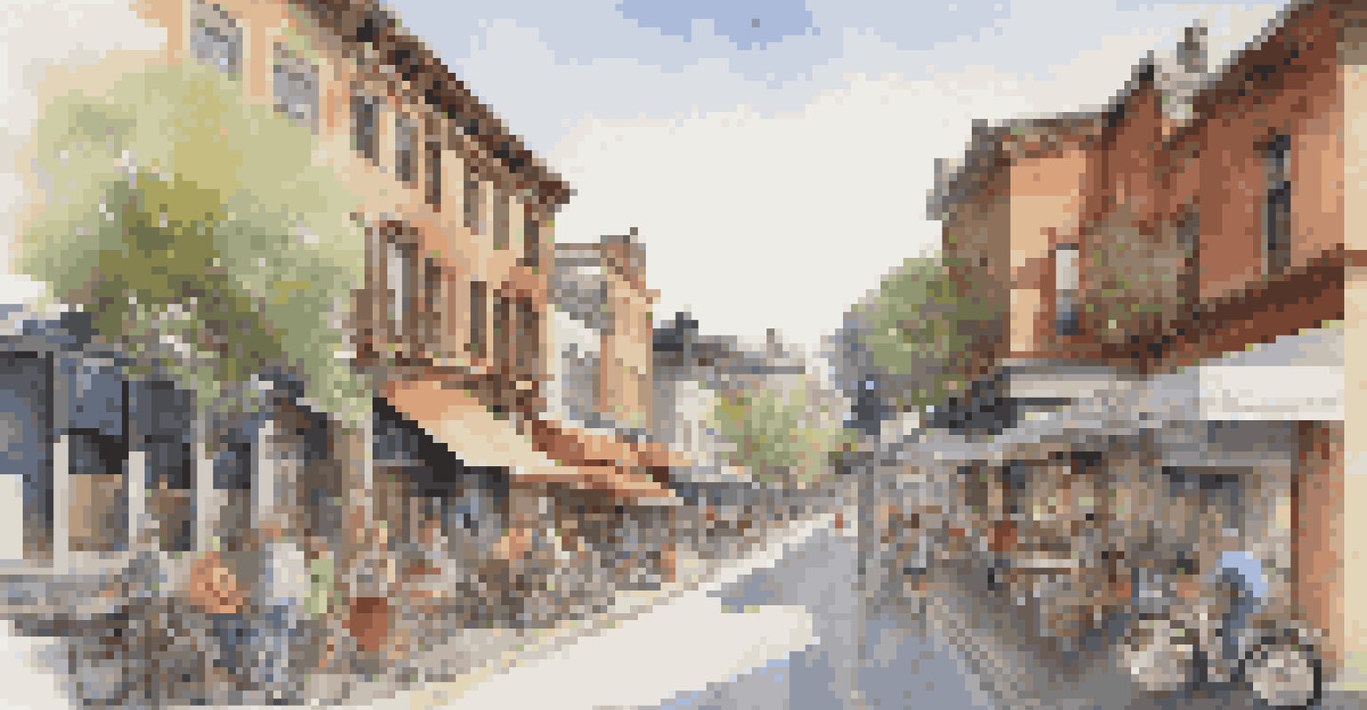 A split image showing a historic neighborhood transforming into a modern area with cafes and art galleries, connected by a flowing river of paint.