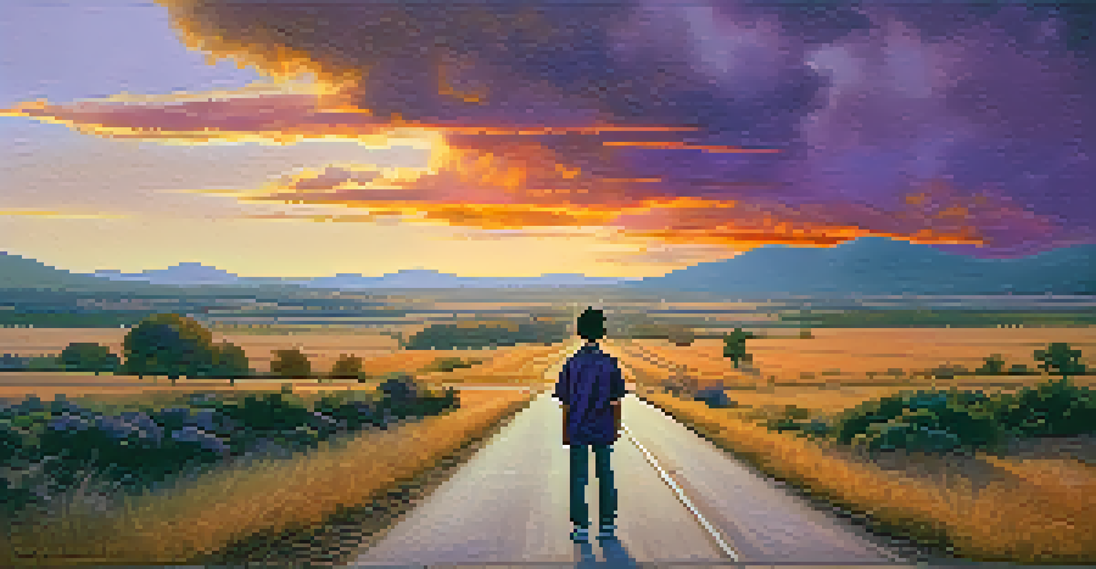 A young protagonist standing at a crossroads during golden hour, symbolizing choices in social justice, framed by urban and rural landscapes with a dramatic sky.