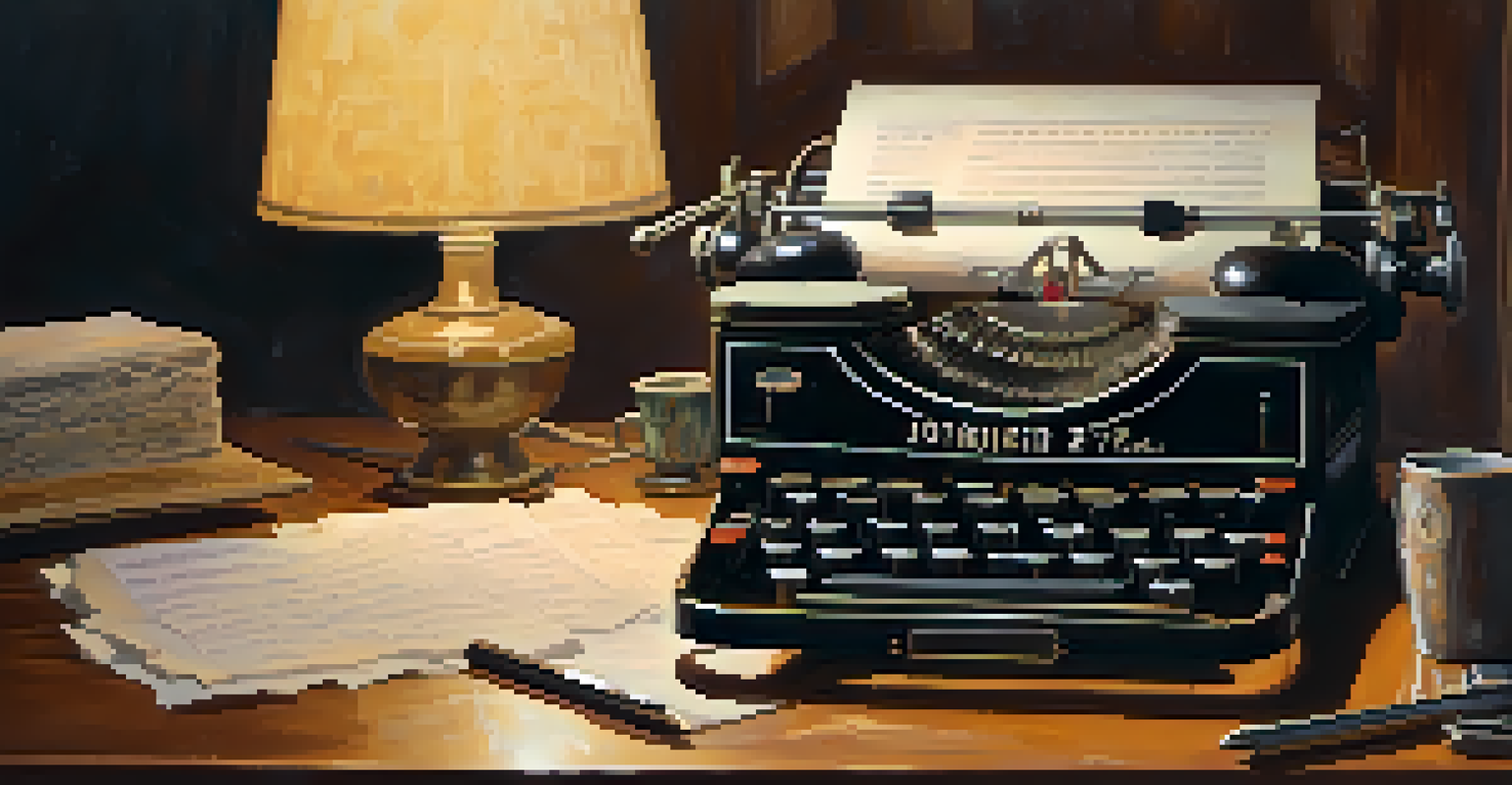 A close-up of a vintage typewriter with papers and a coffee cup, illuminated by a lamp.