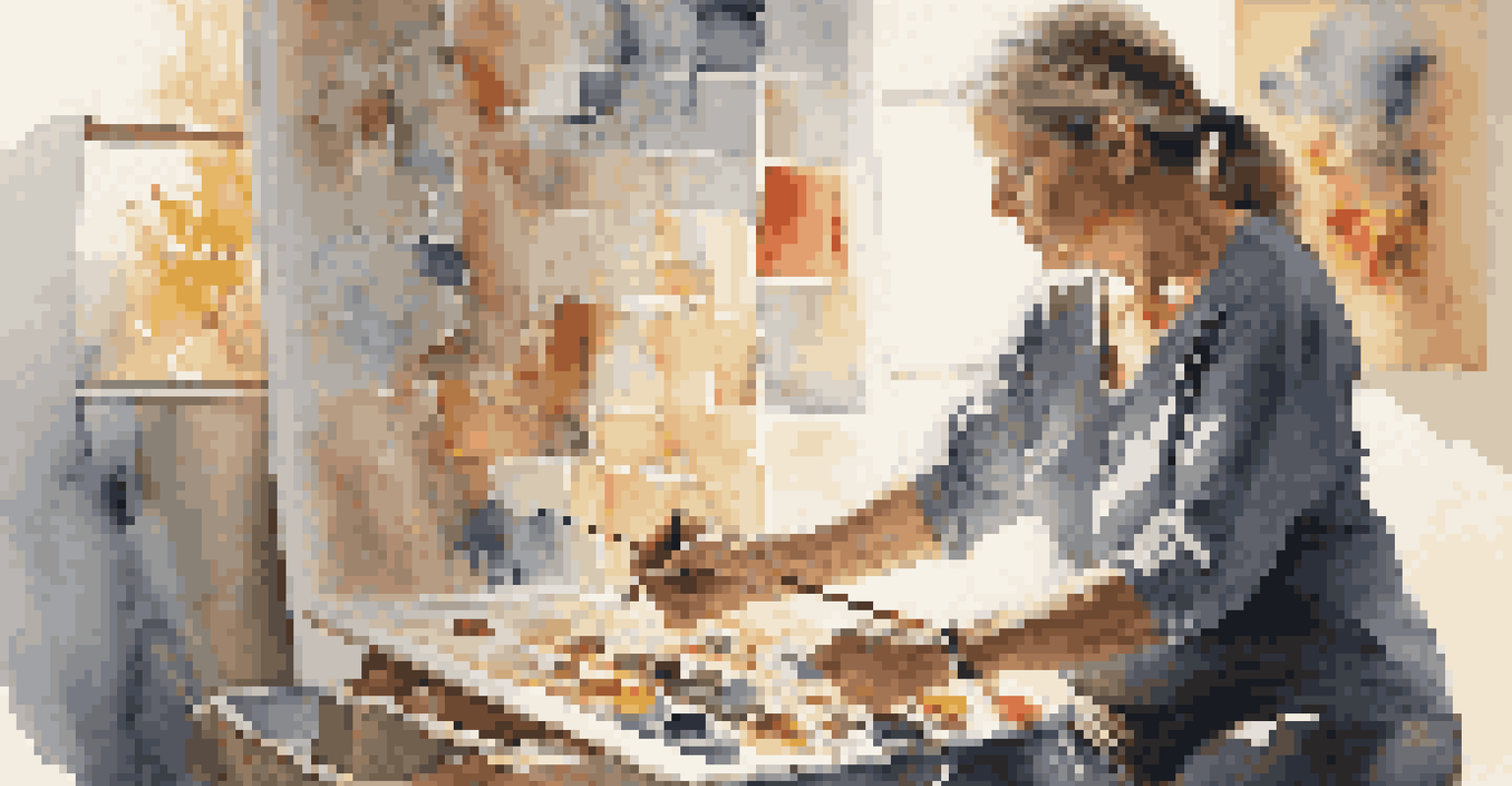 An artist deeply focused on painting in a bright room, with an abstract canvas representing struggle and healing.