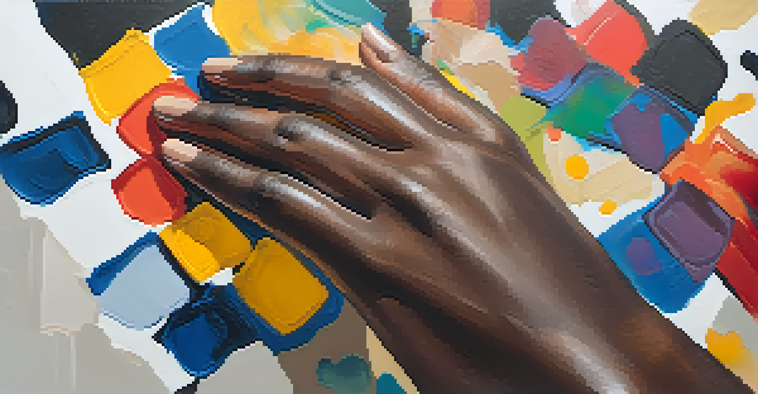 A close-up of a hand painting an abstract canvas that embodies emotions of racial trauma and healing, with vibrant colors and textures.
