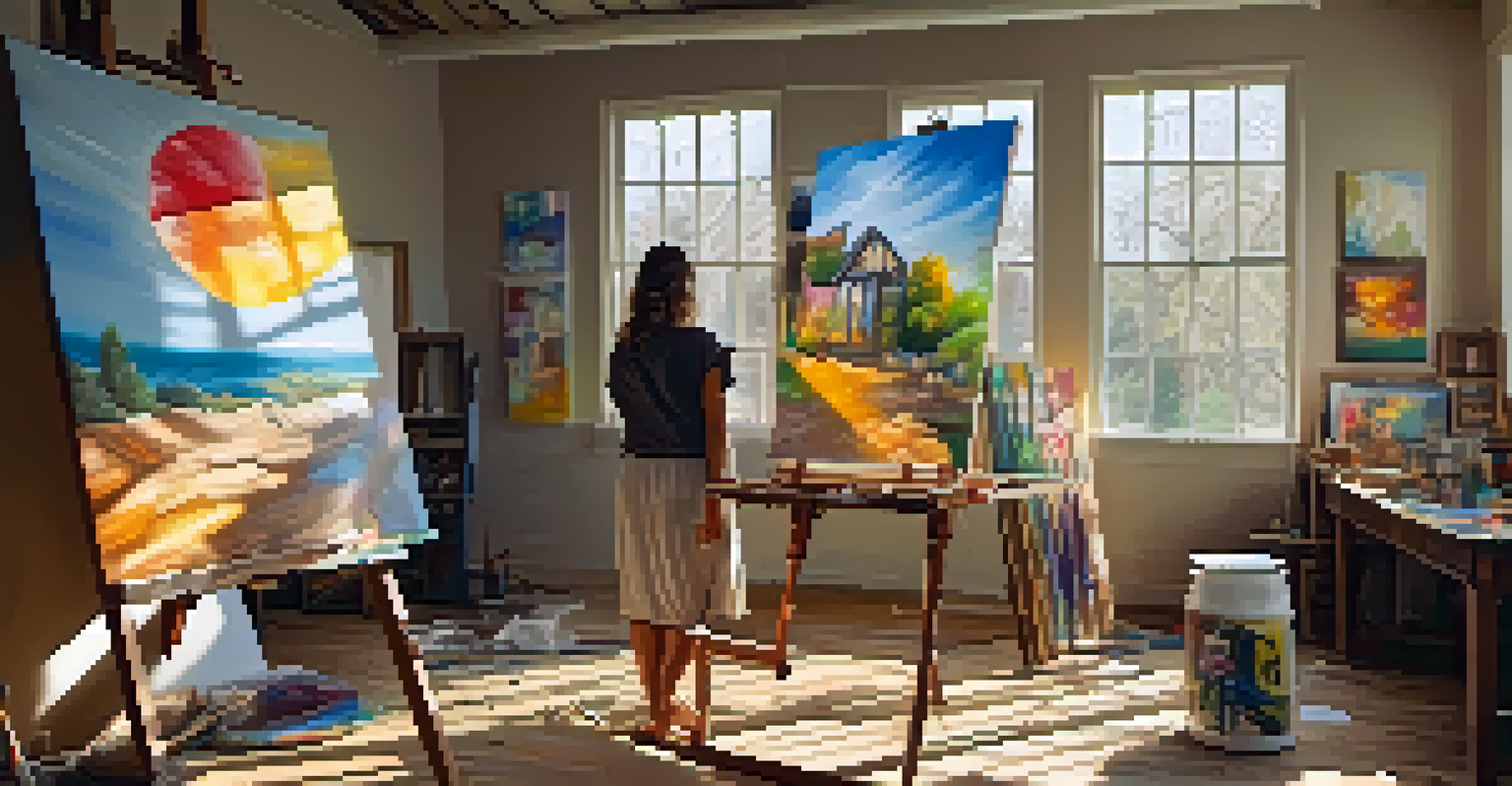 An art studio with sunlight illuminating paintings, a table covered in art supplies, and a half-finished portrait on an easel.