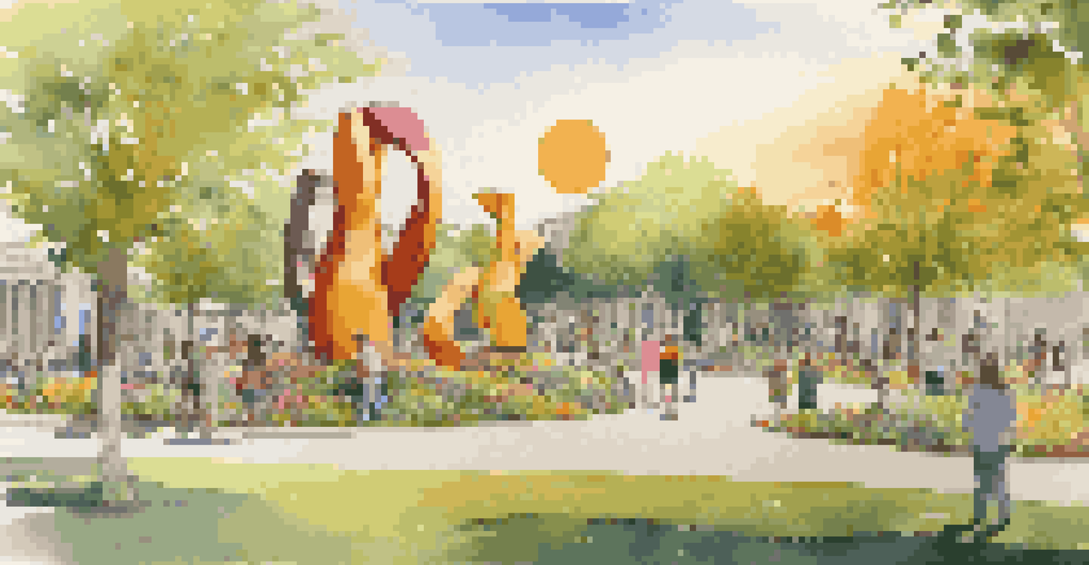 A colorful outdoor art installation made from recycled materials in a lively urban park.