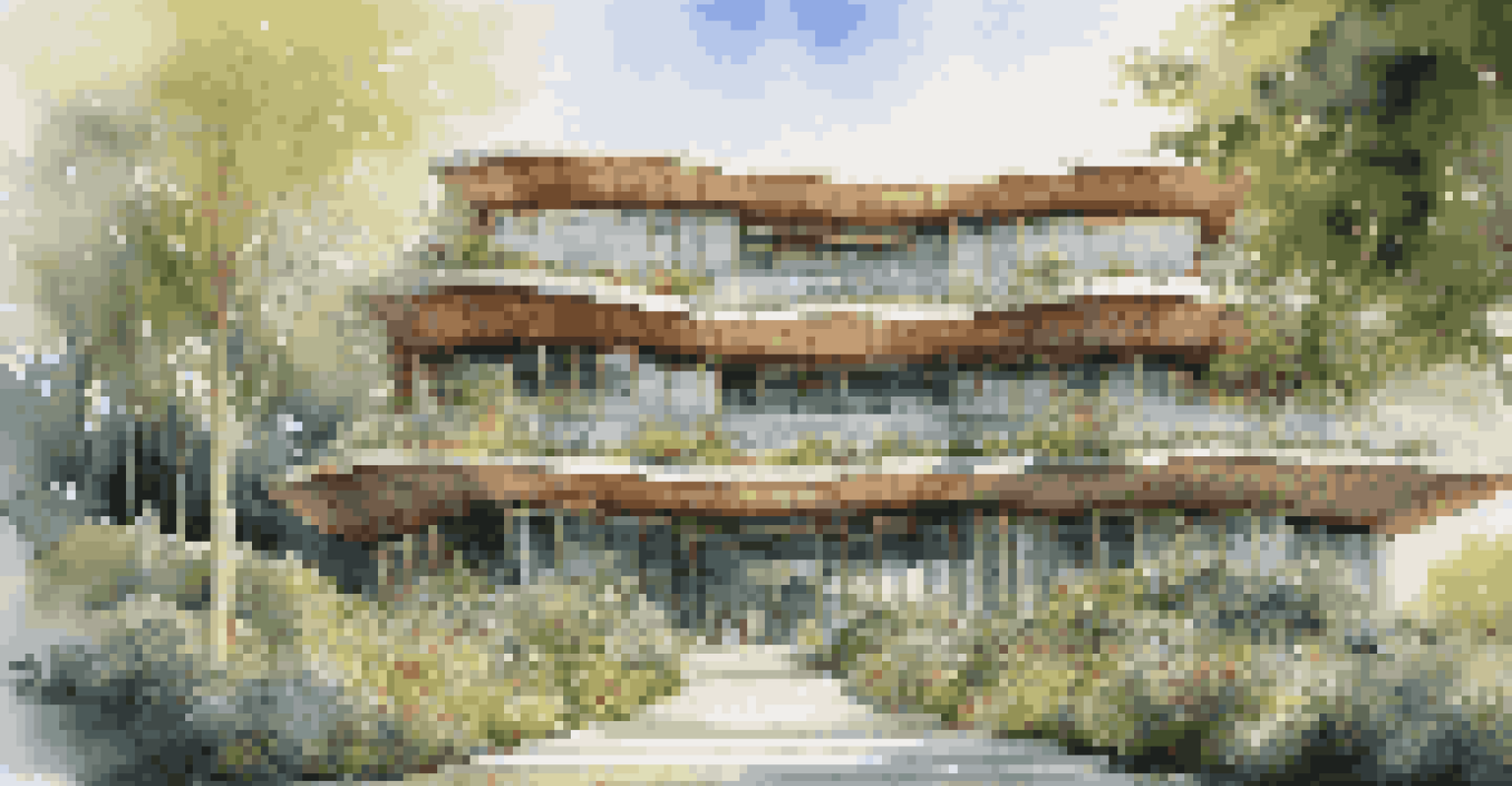 A modern building with recycled materials and an art installation that serves as seating, surrounded by greenery.
