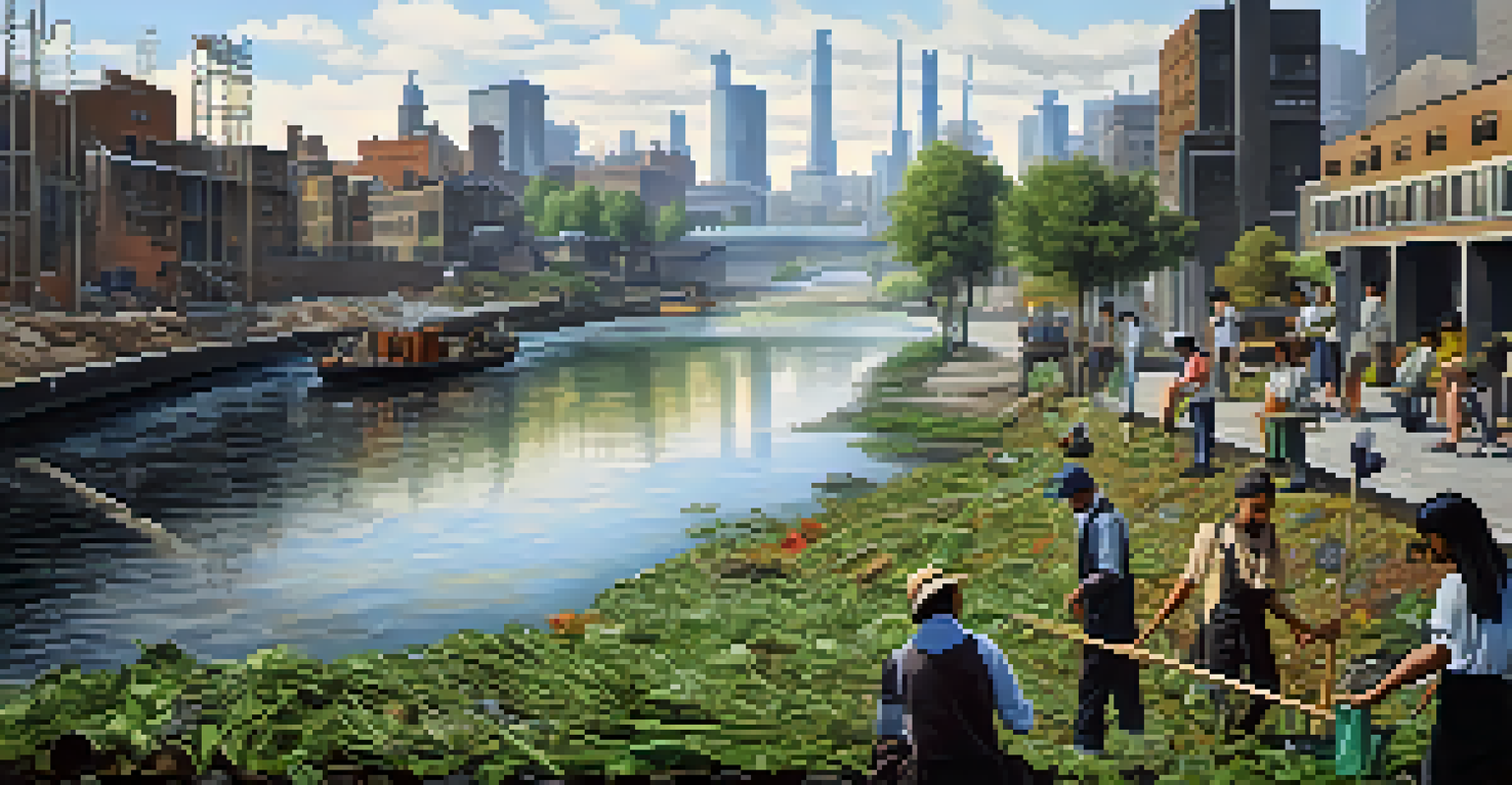 A polluted city with industrial buildings and plastic waste, contrasted by people planting trees and cleaning the river.