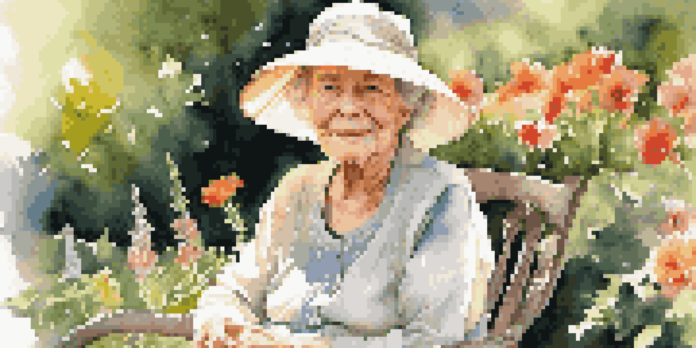A smiling elderly woman in a garden filled with flowers, wearing a light dress and hat, illuminated by soft sunlight.